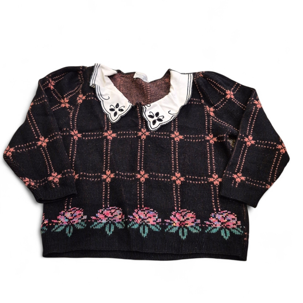 Vintage Floral Black and Pink Sweater with White Collar By Sweater Loft Size M